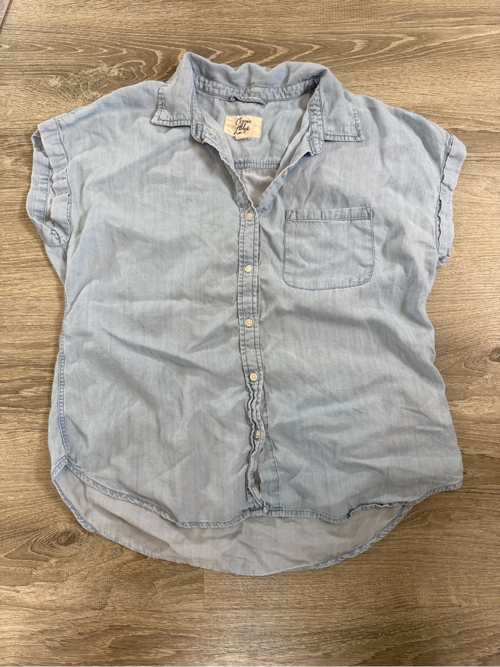 Cosmic Blue Love Light Blue Short Sleeve Chambray Button-Up Tee